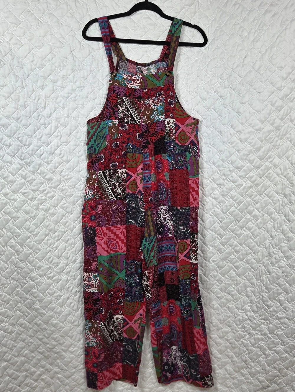 Colorful Patchwork Boho Overalls Jumpsuit Size Small 65% Cotton Festival Hippie